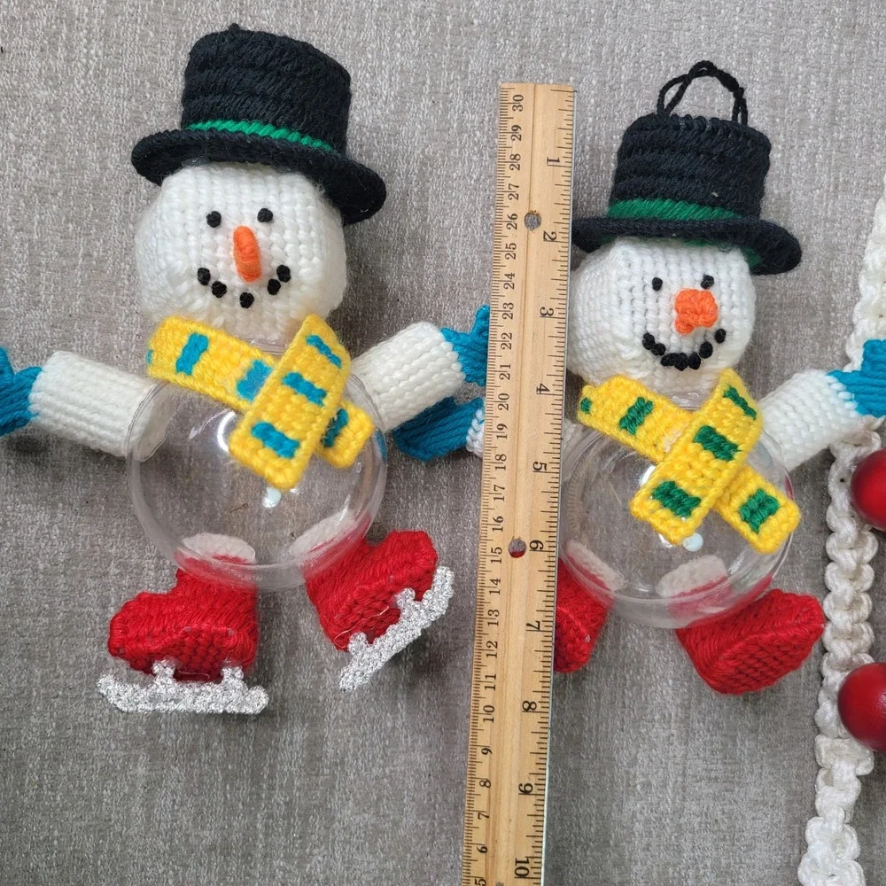 Vintage Handmade Plastic Canvas Snowman Penguin Sleigh Christmas Ornaments 4pc